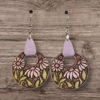 Wooden Floral Engraved Earrings
