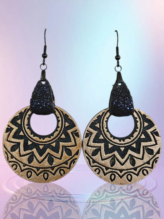 Elegant Black And Gold Tribal Wooden Earrings