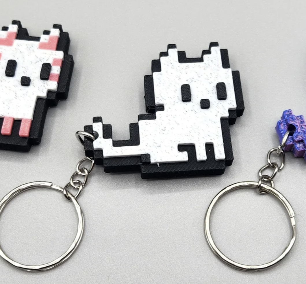 Pixel Style Cat Keychain 3D Printed