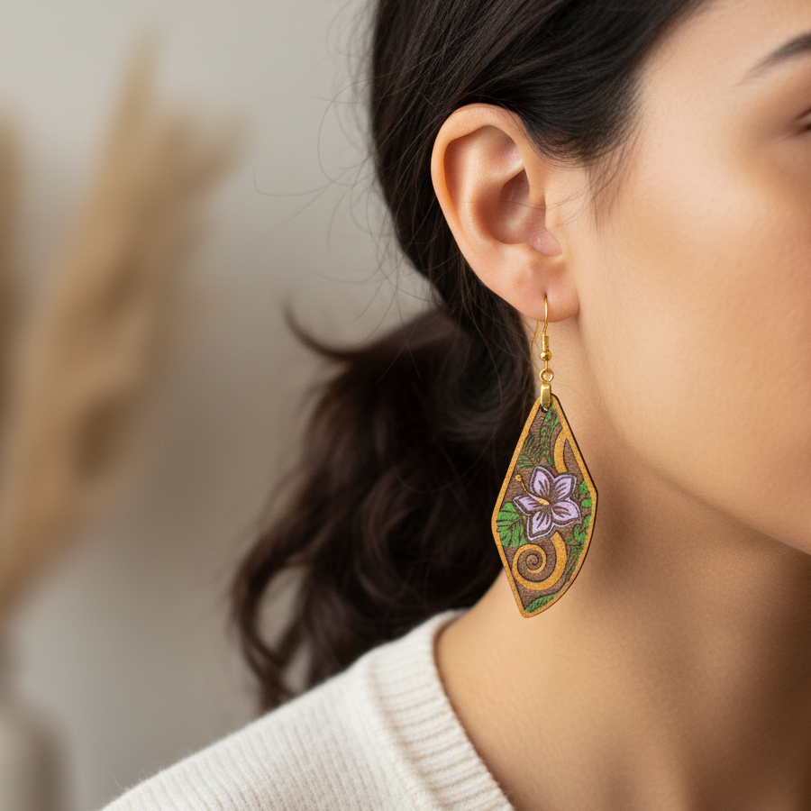Delicate Wooden  Flower Cutout  Laser Cut Wooden Earrings