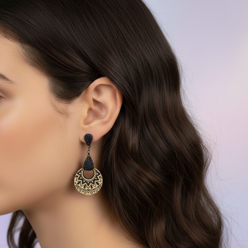 Elegant Black And Gold Tribal Laser Cut Wooden Earrings