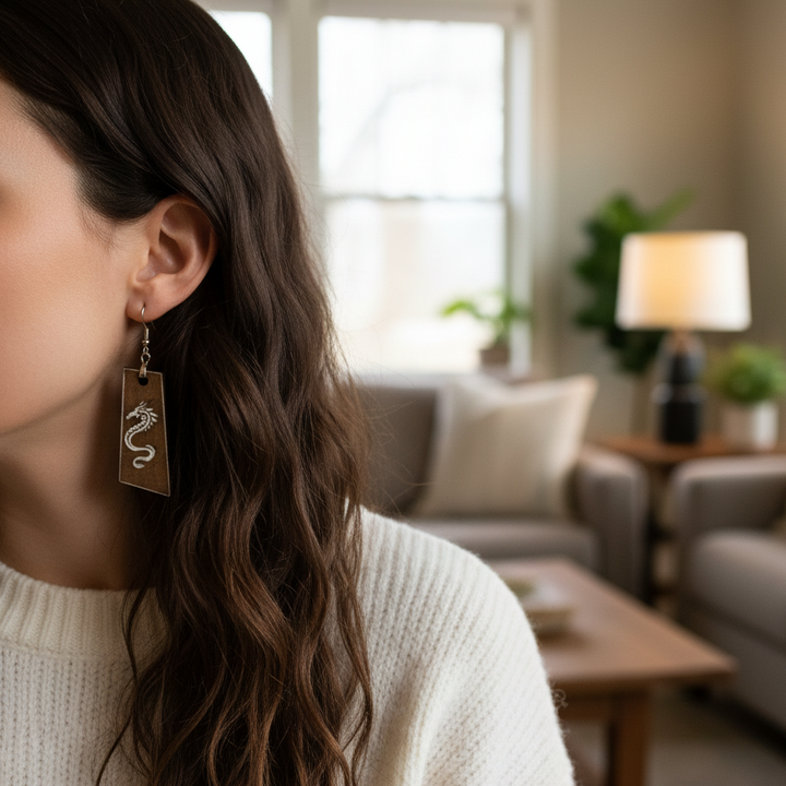 Wooden Earrings | Laser cut earrings | Silver Dragon Dangle