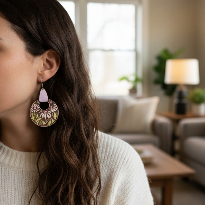 Wooden Floral Engraved Laser Cut Wooden Earrings