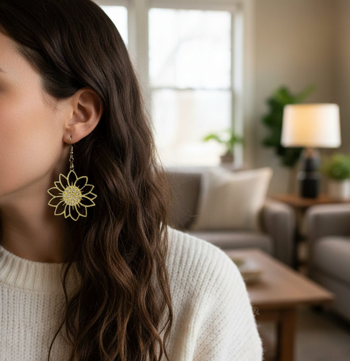 Hollowed-Out Sunflower Cutout  Laser Cut Wooden Earrings