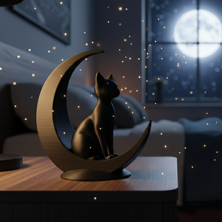 Minimalist Cat Sitting on the Moon Figurines 3D Printed