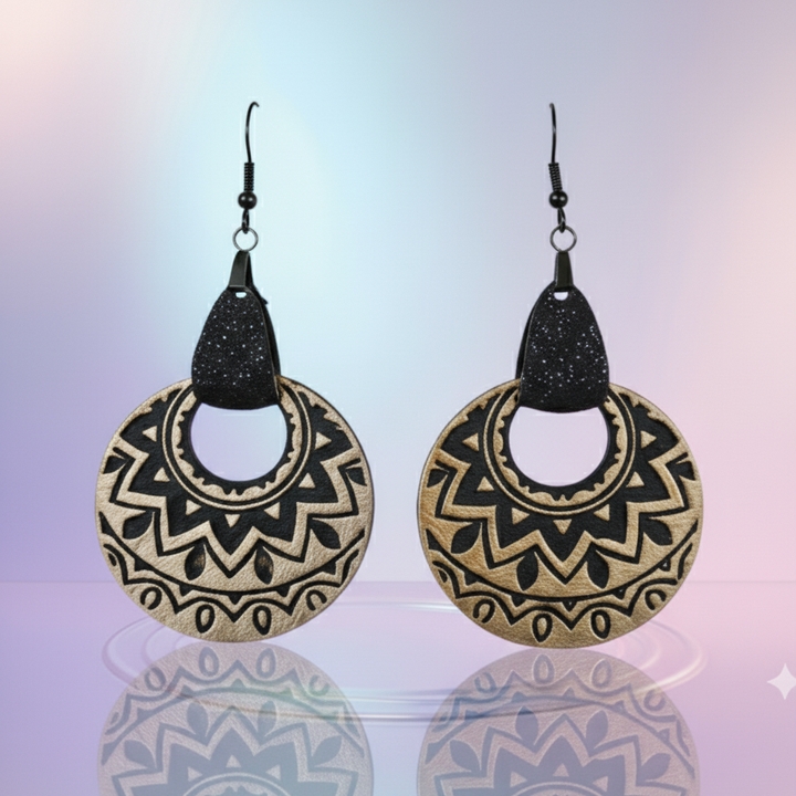 Elegant Black And Gold Tribal Laser Cut Wooden Earrings